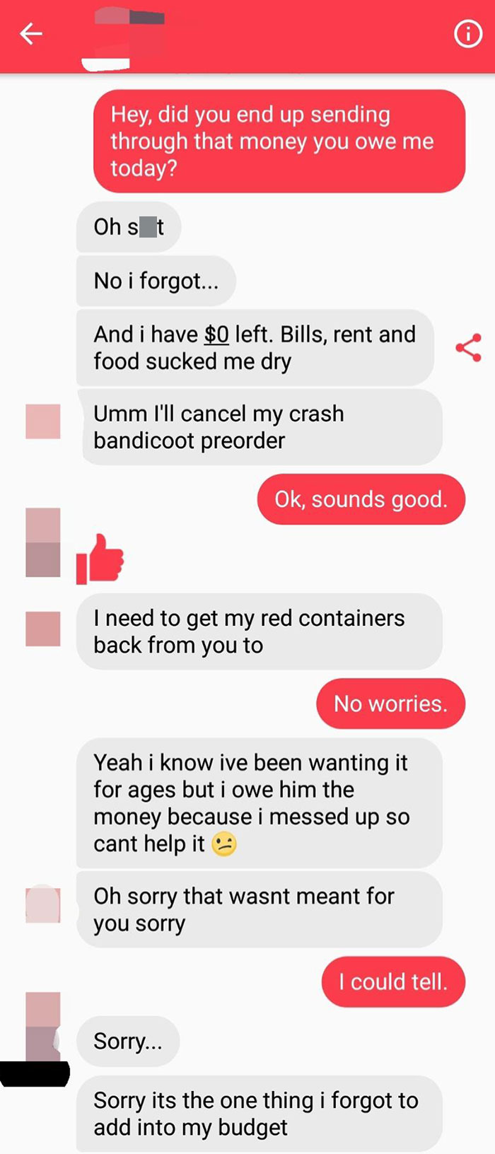 Ex Tries To Guilt Me A Week After Promising To Pay Back $30 For "Accidentally" Using My Card To Pay For Food Delivery