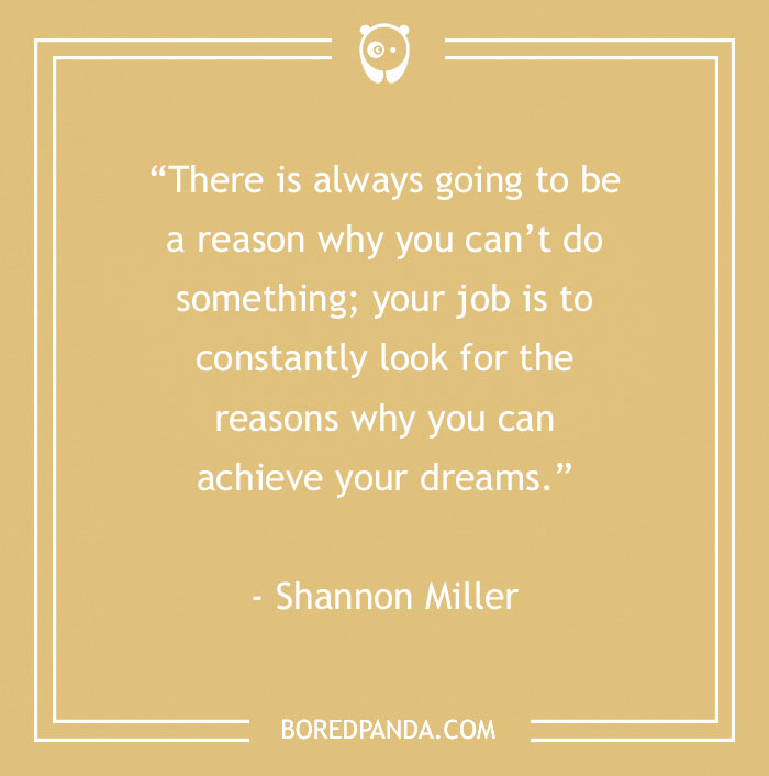 Inspirational sports quote by Shannon Miller about achieving dreams, on a tan background with Bored Panda logo.