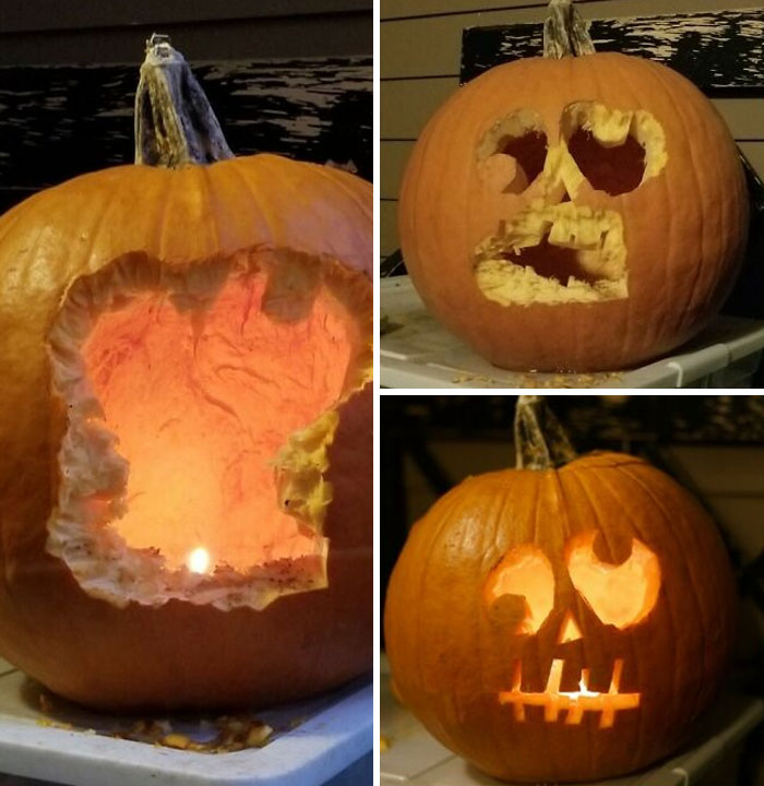 Squirrels Showed No Mercy To Our Porch Pumpkin's Face. Well, I'm Putting A Candle In It Anyway