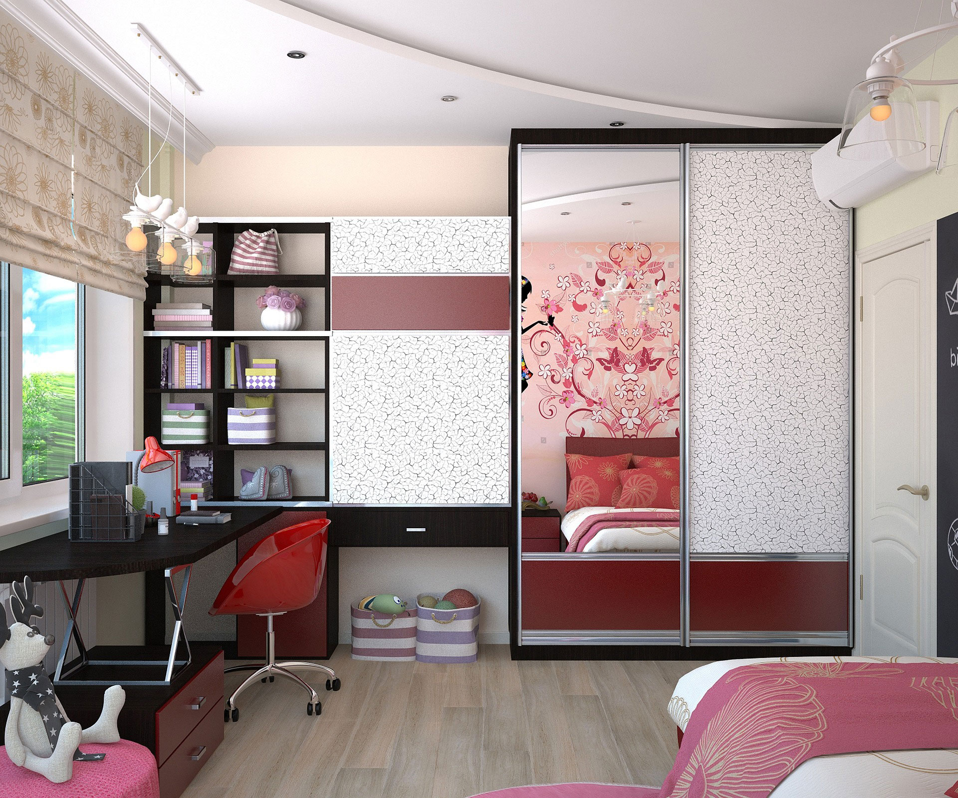 kid room with flower and red decor and desk near window