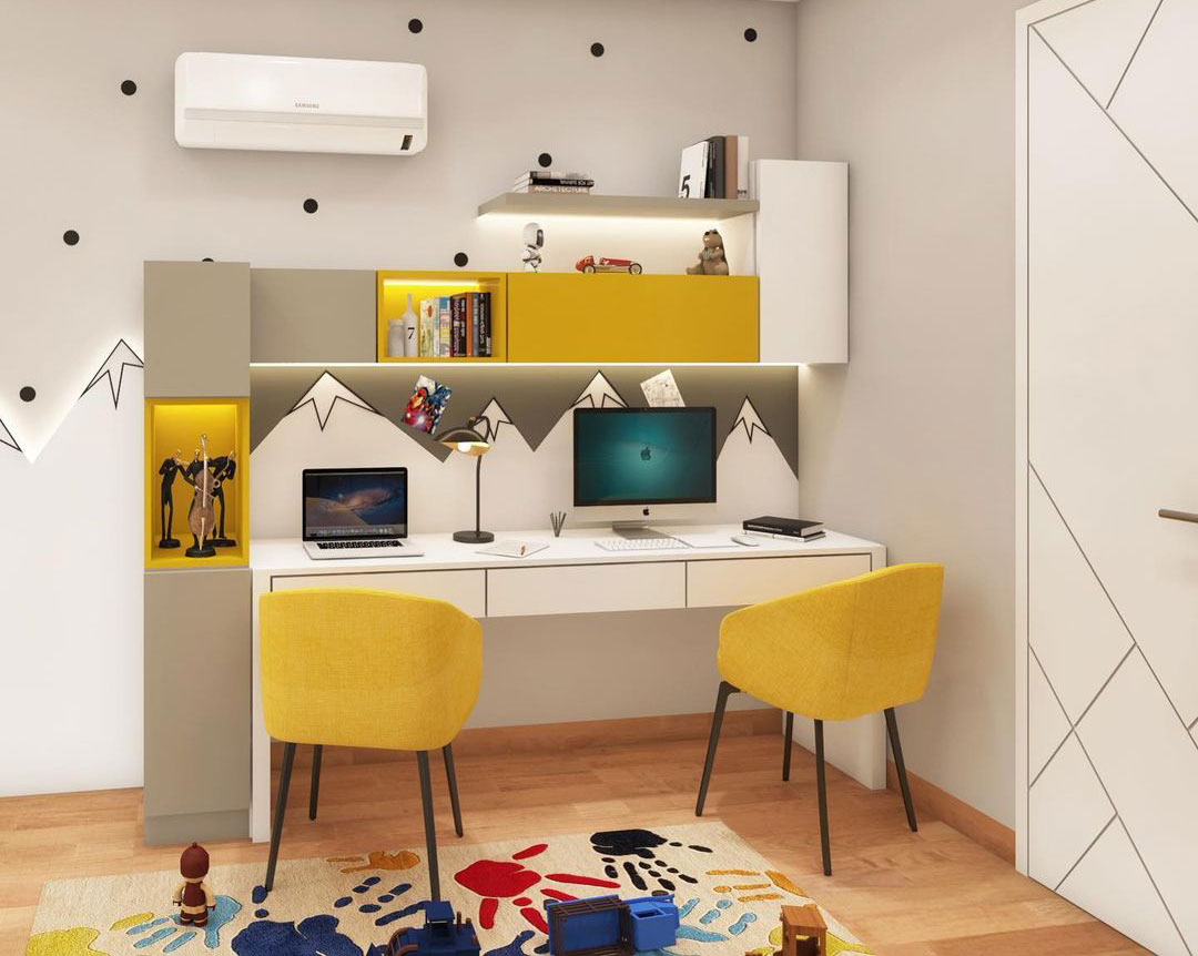 White room with white desk and yellow chairs