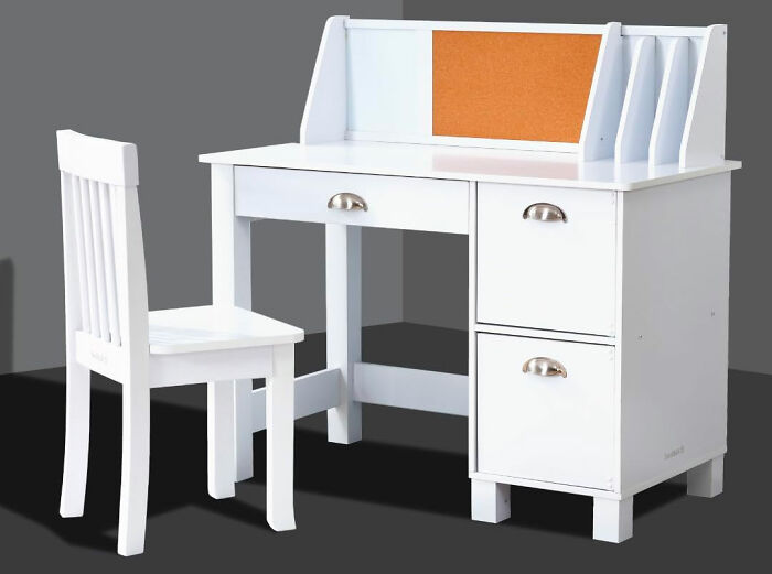 white kids desk with white chair and storages