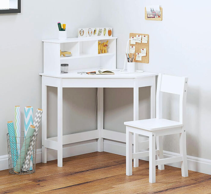 white kids desk with chair and storage