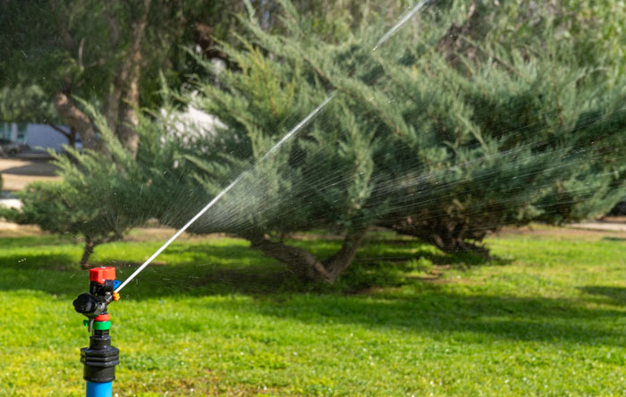 a sprinkler is spraying water on a lawn 