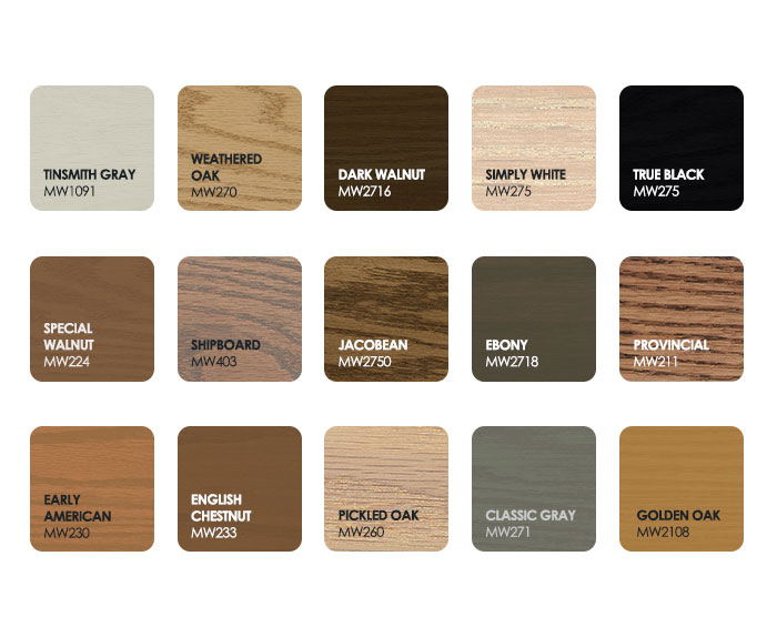 Palette of Minwax stain colors displayed in rectangular swatches showing various wood stain color options. Palette of Minwax stain colors displayed in rectangular swatches showing various wood stain color options.