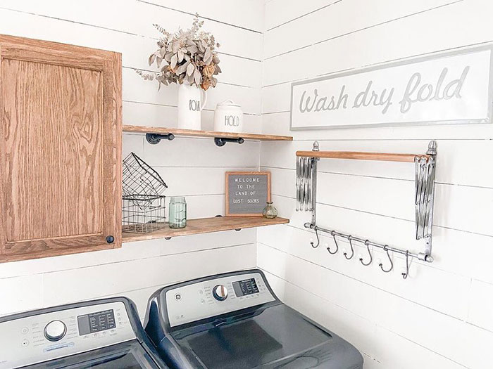 Laundry room with shipboard stained wood cabinet and shelves showcasing Minwax stain colors on white shiplap walls Laundry room with shipboard stained wood cabinet and shelves showcasing Minwax stain colors on white shiplap walls