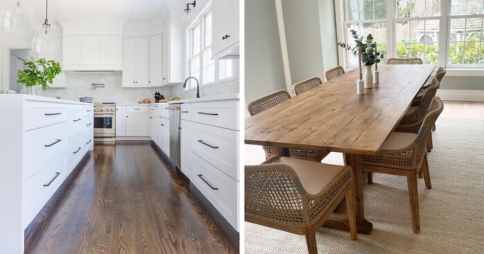 Wood floors and stained wood dining table showcasing different Minwax stain colors in modern interior settings.