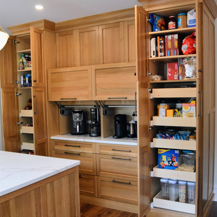 Smart storage room in brown kitchen 