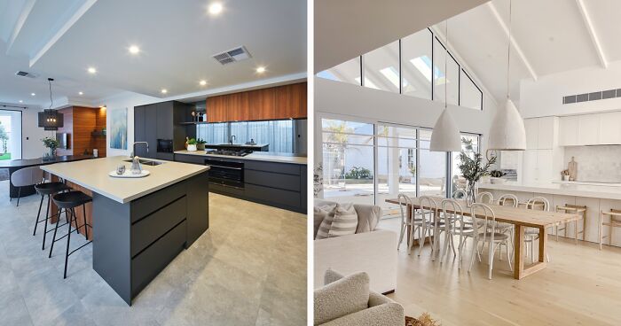 Side-by-side images of modern kitchen designs featuring sleek cabinetry, large islands, and bright, timeless interiors.