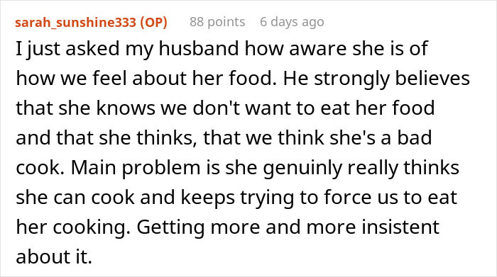 Couple Decides To No Longer Eat MIL's Food Because She's A Terrible Cook, She Gets Offended