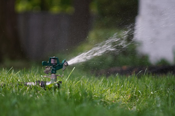 Sprinkler watering green lawn, a potential solution to keep dogs from digging under fence. Sprinkler watering green lawn, a potential solution to keep dogs from digging under fence.