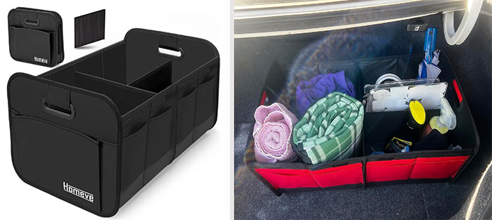 Homeve Car Trunk Organizer: Stylishly secures your belongings, prevents spills, and transforms a chaotic trunk into a neatly organized space, perfect for those enthusiastic about maintaining a tidy car interior.