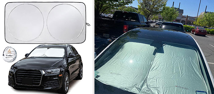Car Sun Shade Windshield: Dually protects your car interiors from harmful uv rays and unbearable heat, crafted in a range of sizes to perfectly fit your vehicle and easy to use thanks to its pop-up, foldable design.