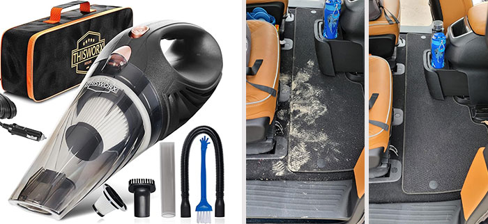 Car Vacuum Cleaner: A compact yet mighty tool designed to eliminate all types of vehicle messes and keep your car's interior tidy and spotless, perfect for those unexpected beach trips or carpool snacking mishaps.
