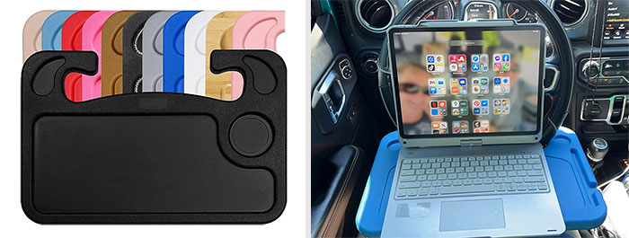 Steering Wheel Tray: The must-have car accessory for a quick snack or mobile office, offering a sturdy surface for your tablet, notebook, or laptop.