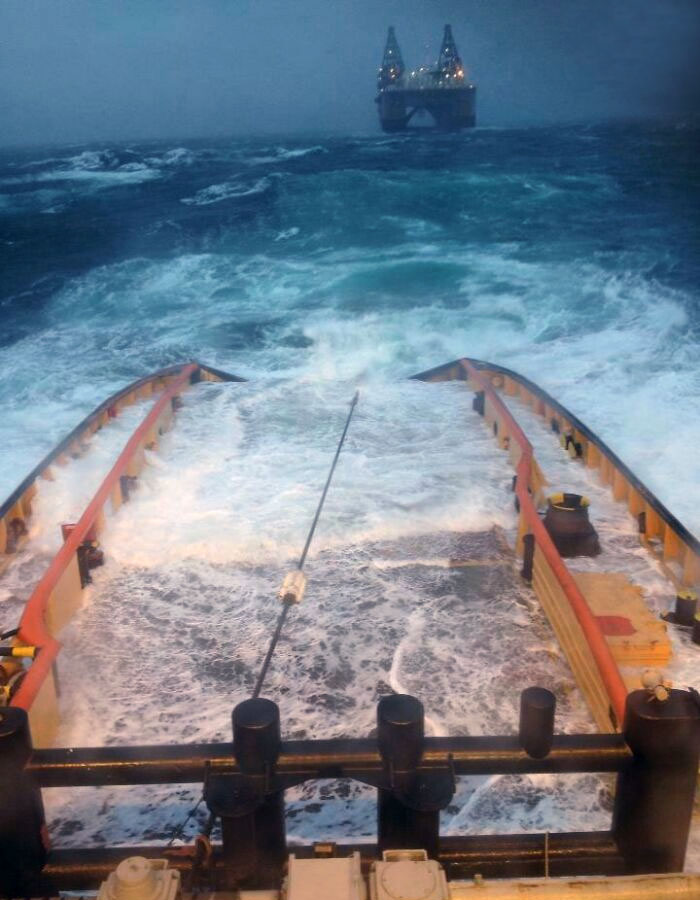 My Cousin's Sister-In-Law Works On A Tugboat That Tows Oil Platforms Across The Ocean. In All Weather Conditions