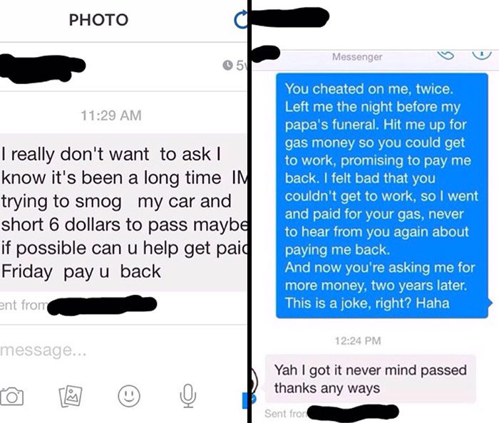 My Cousin's Ex Asked Her For Money For The Second Time Since They Broke Up. His Response To Her Calling Him Out Is Golden