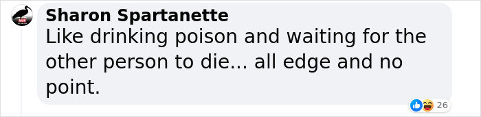 Comment screenshot about TikToker trolling bullies with tattoos, stating "like drinking poison... all edge and no point. Comment screenshot about TikToker trolling bullies with tattoos, stating "like drinking poison... all edge and no point.