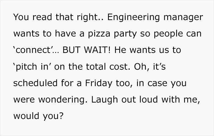 Pizza Party, But Employees Will “Pitch In On The Cost”