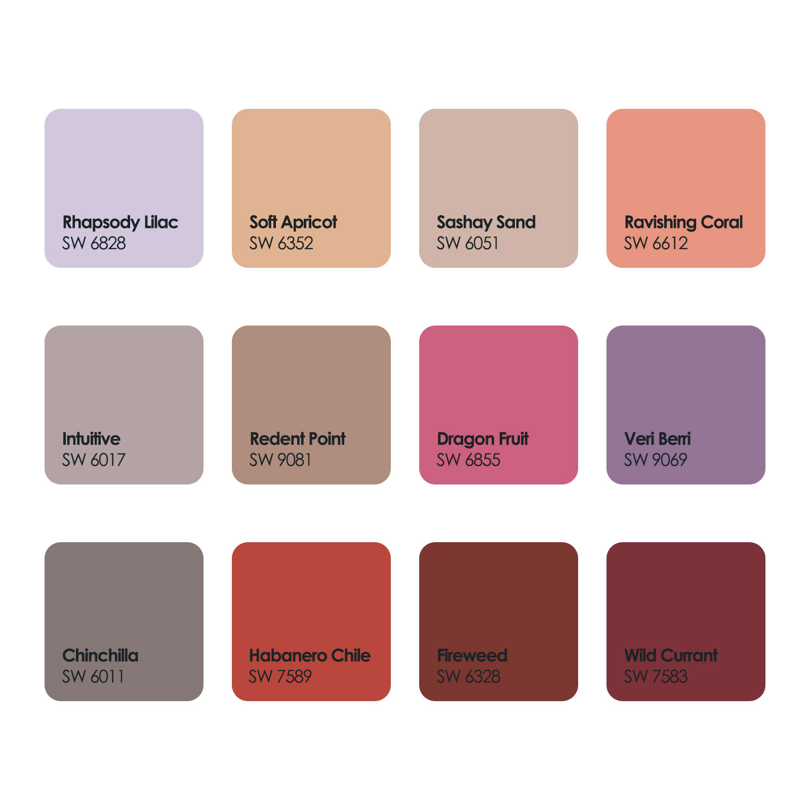 Sherwin-Williams paint colors palette featuring popular reds and purples for 2024 including Dragon Fruit and Wild Currant. Sherwin-Williams paint colors palette featuring popular reds and purples for 2024 including Dragon Fruit and Wild Currant.