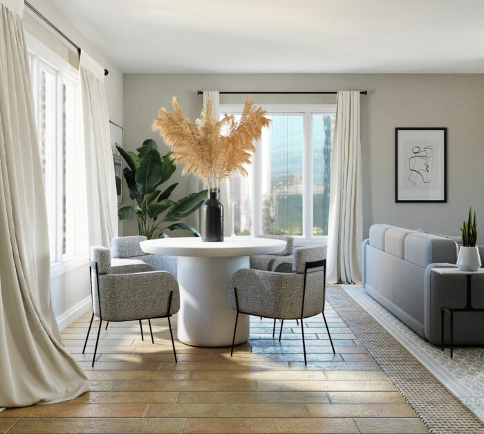 Modern living room with Sherwin-Williams paint colors featuring a large vase on a round table and neutral gray tones. Modern living room with Sherwin-Williams paint colors featuring a large vase on a round table and neutral gray tones.