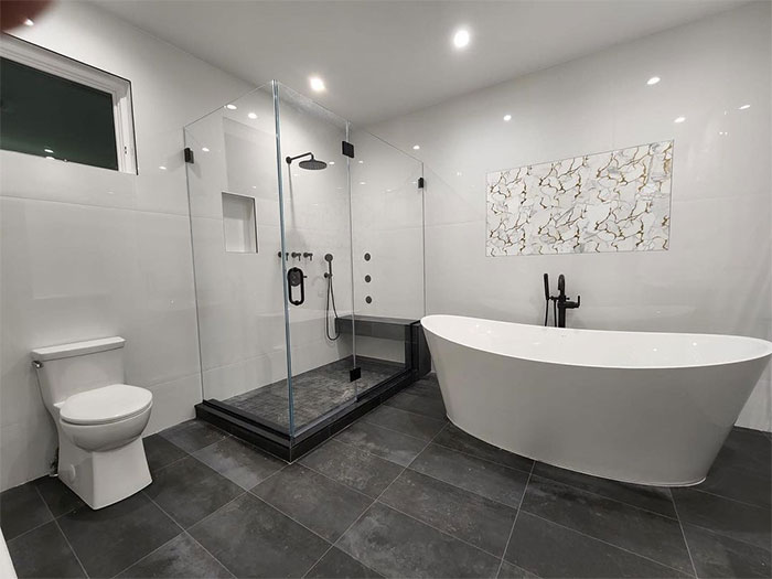 Bathroom with black and white decor