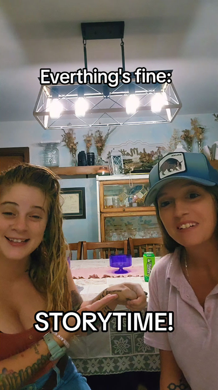 Two people smiling in a living room, discussing a tattoo blunder that went viral on TikTok, creating an existential crisis. Two people smiling in a living room, discussing a tattoo blunder that went viral on TikTok, creating an existential crisis.