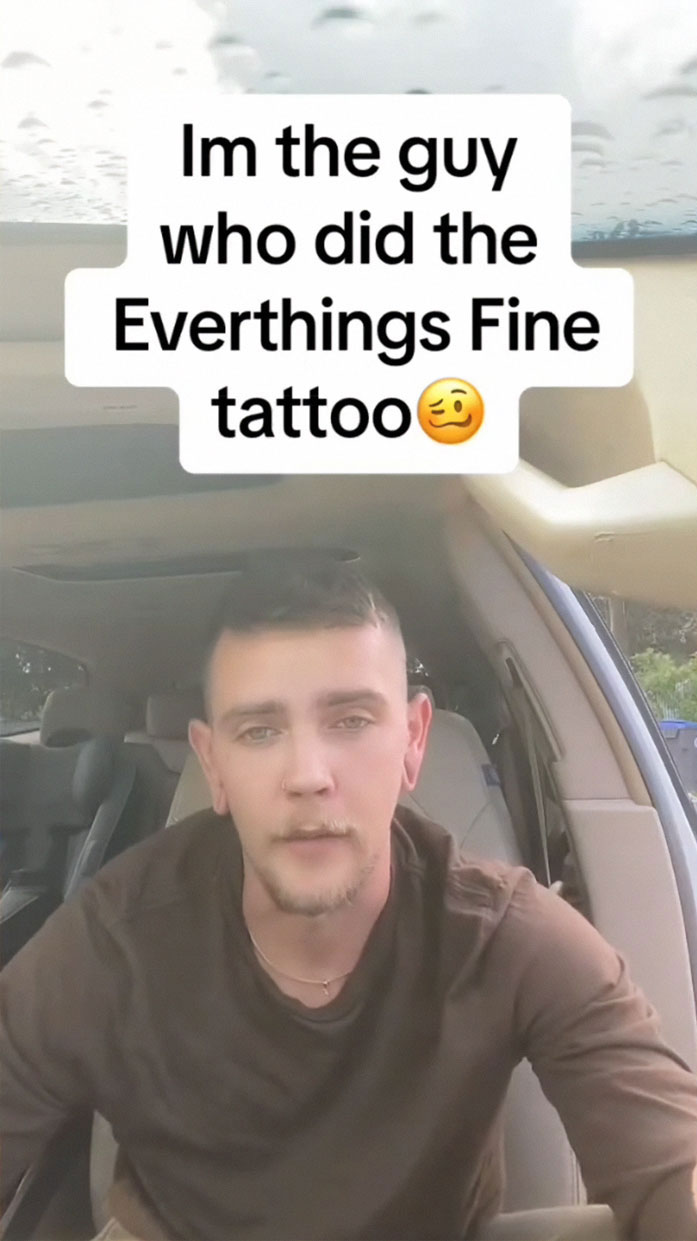 Tattoo artist discusses blunder in car, referencing viral TikTok incident. Tattoo artist discusses blunder in car, referencing viral TikTok incident.