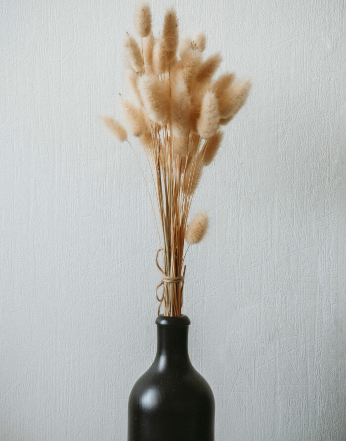 Black bottle with soft feathers in it