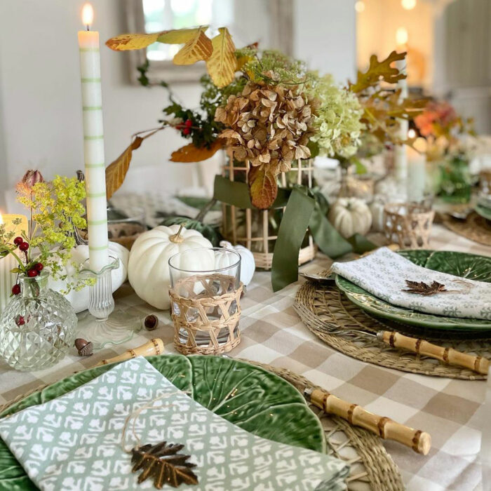 Greenish decor with white pumpkins