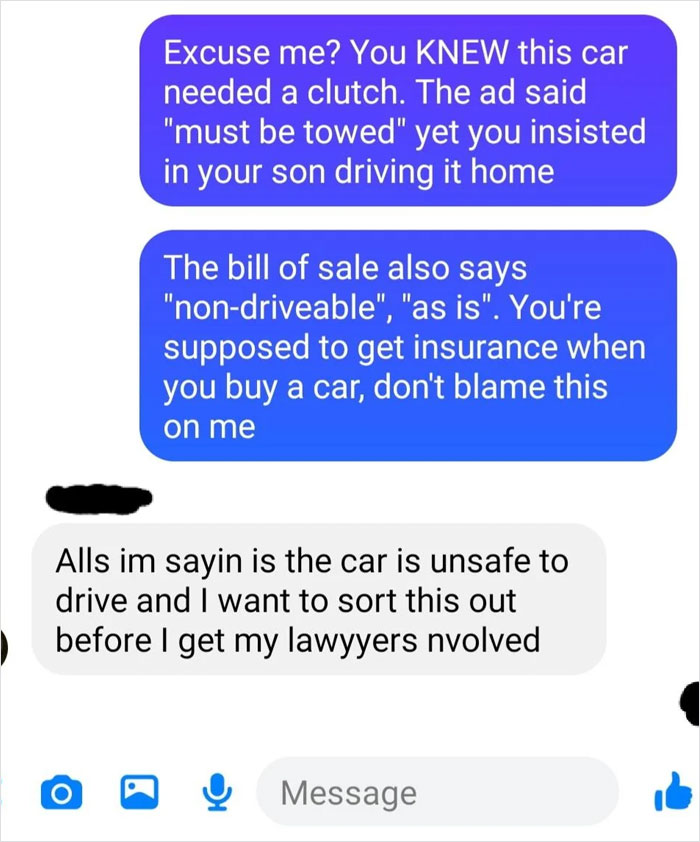 Man Shares Threatening Texts From The Guy He Sold His Car To After His Son Crashed It