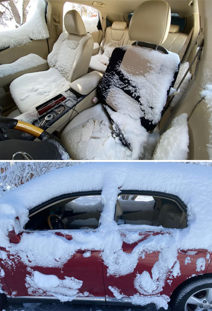 My Car Played An April Fool's Joke On Me By Rolling All Four Of My Windows Down While It Snowed Overnight