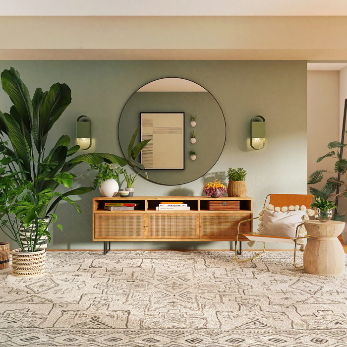 Brown wooden table with mirror on the green wall
