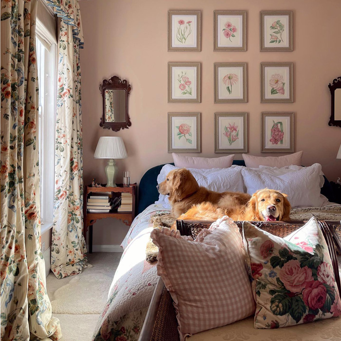 Pink bedroom with the dogs lying on a pink bed 