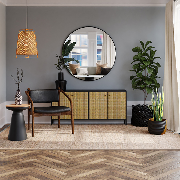 Black and brown wooden table with mirror and black chair, showcasing warm colors in modern decor ideas. Black and brown wooden table with mirror and black chair, showcasing warm colors in modern decor ideas.