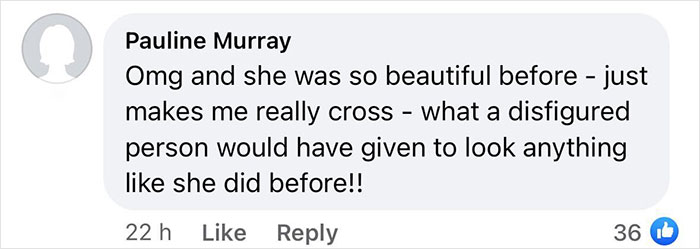 Comment criticizing woman's inked body modifications. Comment criticizing woman's inked body modifications.