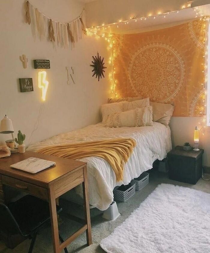 Yellow linen tapestry in a bright bedroom