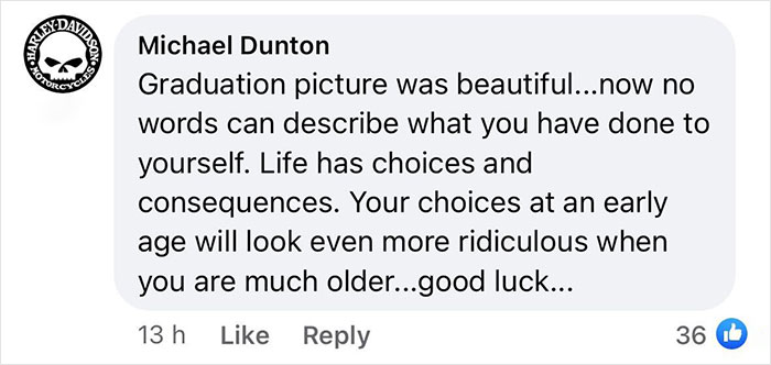 Facebook comment criticizing woman's inked body modifications. Facebook comment criticizing woman's inked body modifications.