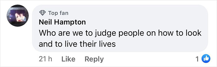 Comment with supportive message defending a woman's inked look, highlighting freedom of expression. Comment with supportive message defending a woman's inked look, highlighting freedom of expression.