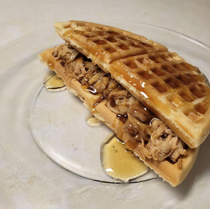 Screw Chicken And Waffles. Waffle And Pulled Pork Sandwich