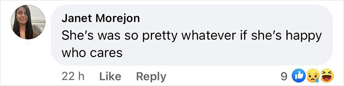 Comment discusses inked look, saying it doesn't matter if she's happy, includes user reactions. Comment discusses inked look, saying it doesn't matter if she's happy, includes user reactions.