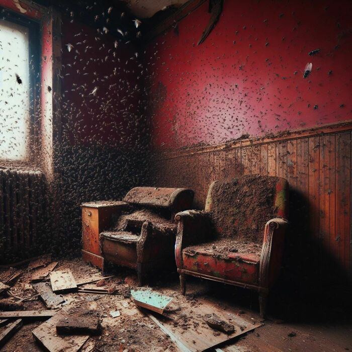 Rotten Furniture In A Red Abandoned Room