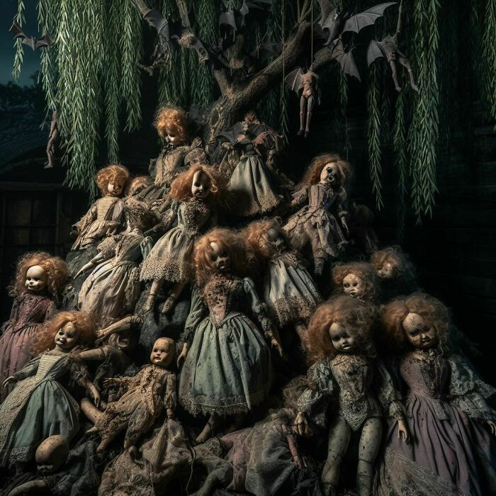 Creepy Victorian Dolls Piled In Front Of A Tree