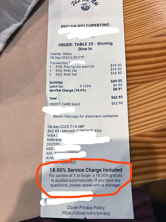 This Restaurant Has An Automatic 18% Service Charge For Parties Of One Or Higher