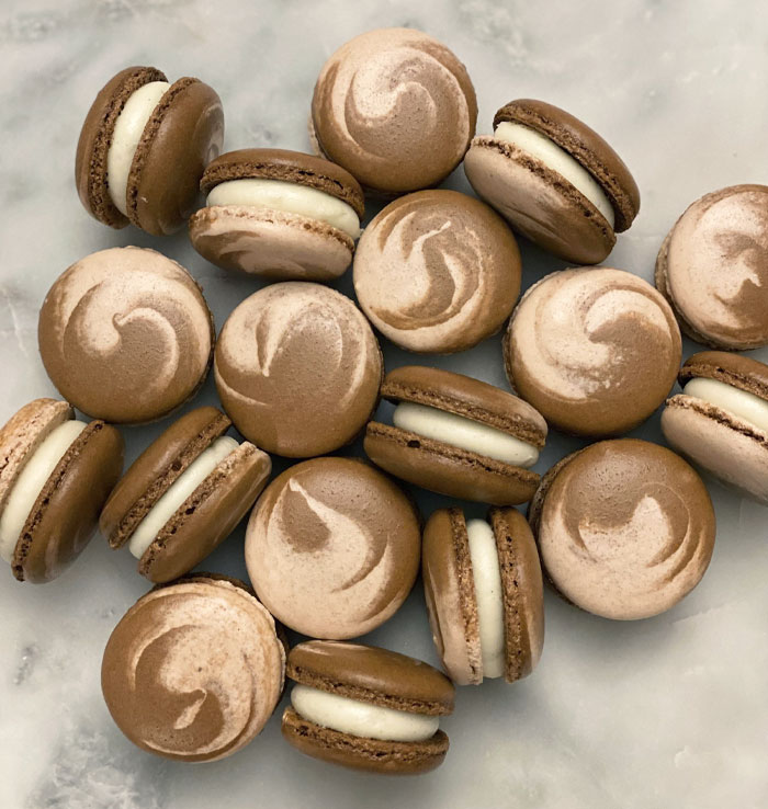 Cinnamon Roll Macarons. Cream Cheese Ring With A Brown Butter And Cinnamon/Sugar Center