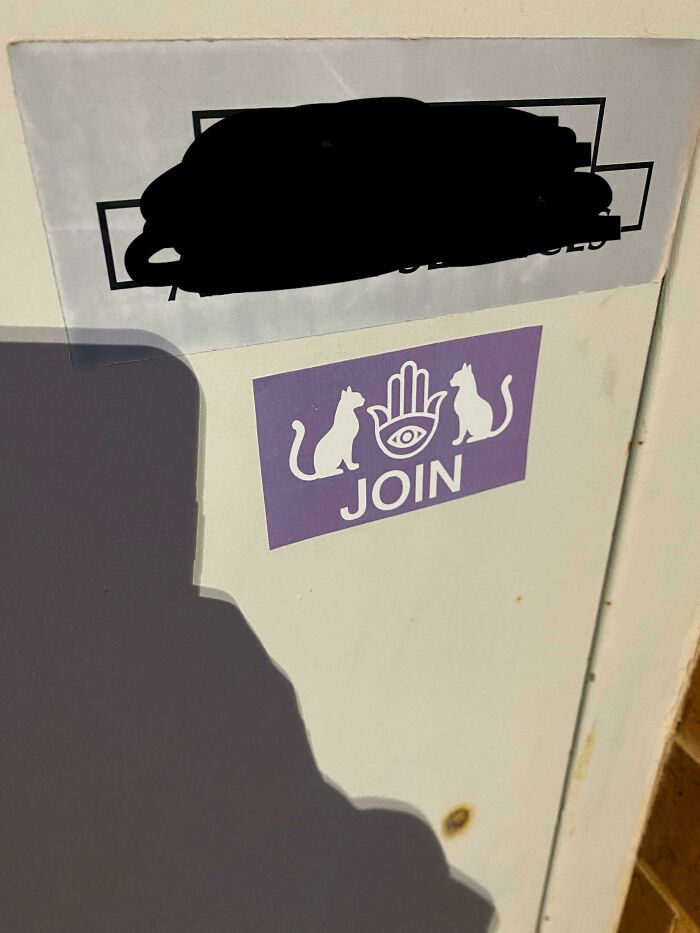 This Weird Cat Illuminati Sticker Someone Put On A Door Outside My Work