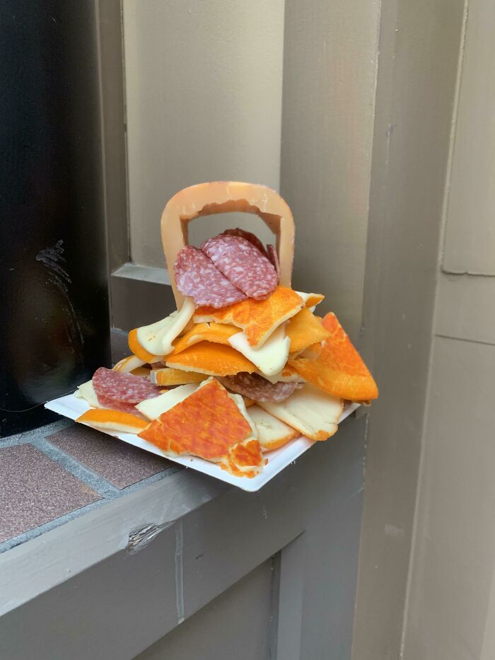 A Meat And Cheese Shrine We Found Yesterday Morning Outside The Front Door Of Where I Work