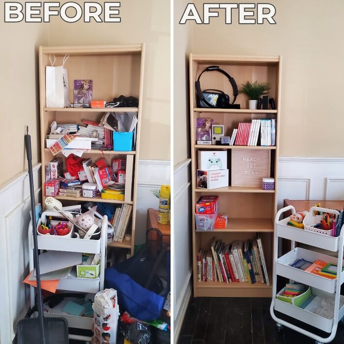 Before And After: Cluttered Bookcase And Cart