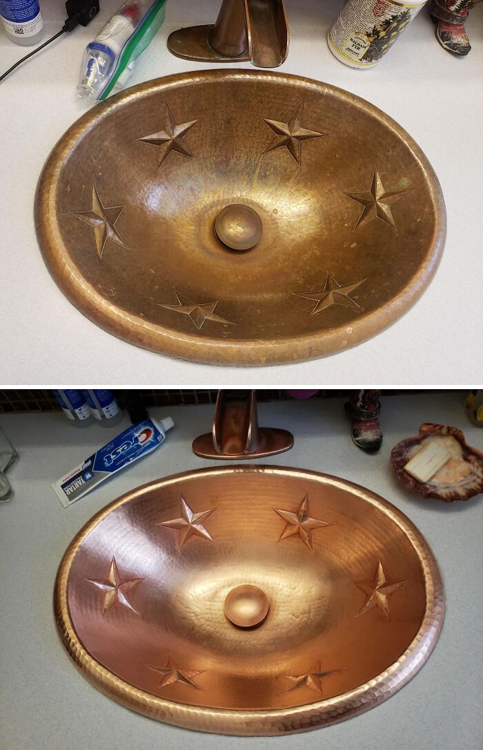 Antes y después de un lavabo de cobre