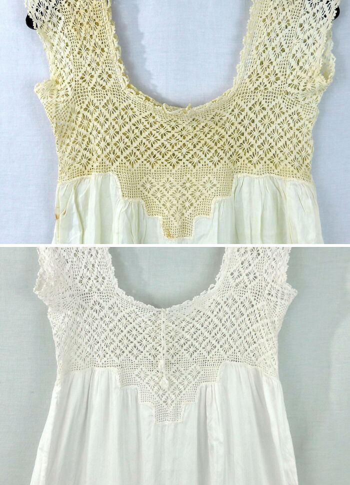 Before And After Of Cleaning A Stained And Yellowed Vintage Hand Crocheted Nightgown
